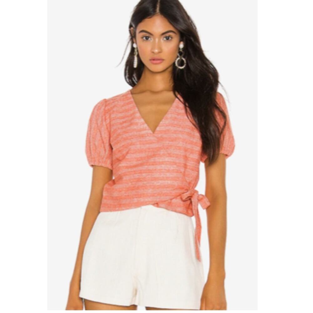 Line and Dot Wrapped Tie Puffed Sleeve Linen Revolve Top